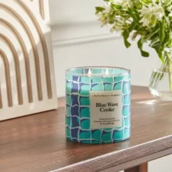 2-Wick 15oz Glass Jar Candle with Patterned Sleeve Blue Wave Cooler - Opalhouse™